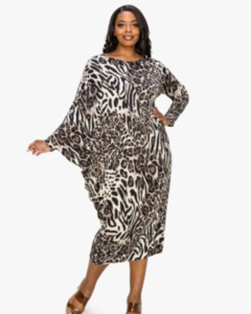 Front of a model wearing a size 2X Alexus Asymmetrical Sleeve Midi Dress in Gray by L I V D. | dia_product_style_image_id:241325